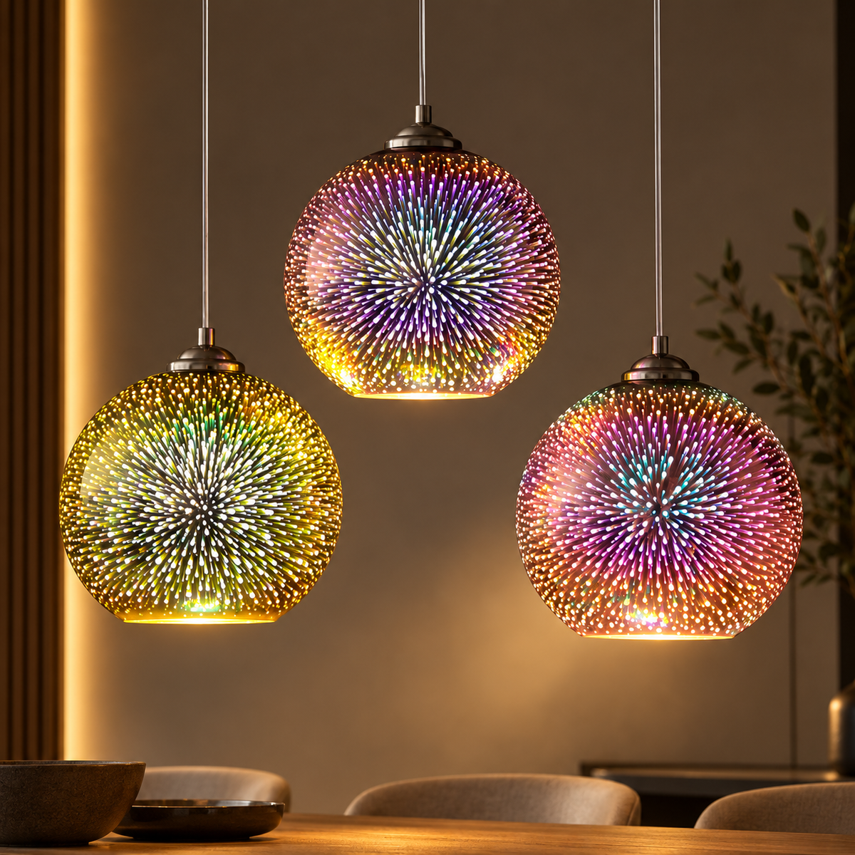 Three lit 3D fireworks glass pendant lights in a warm interior