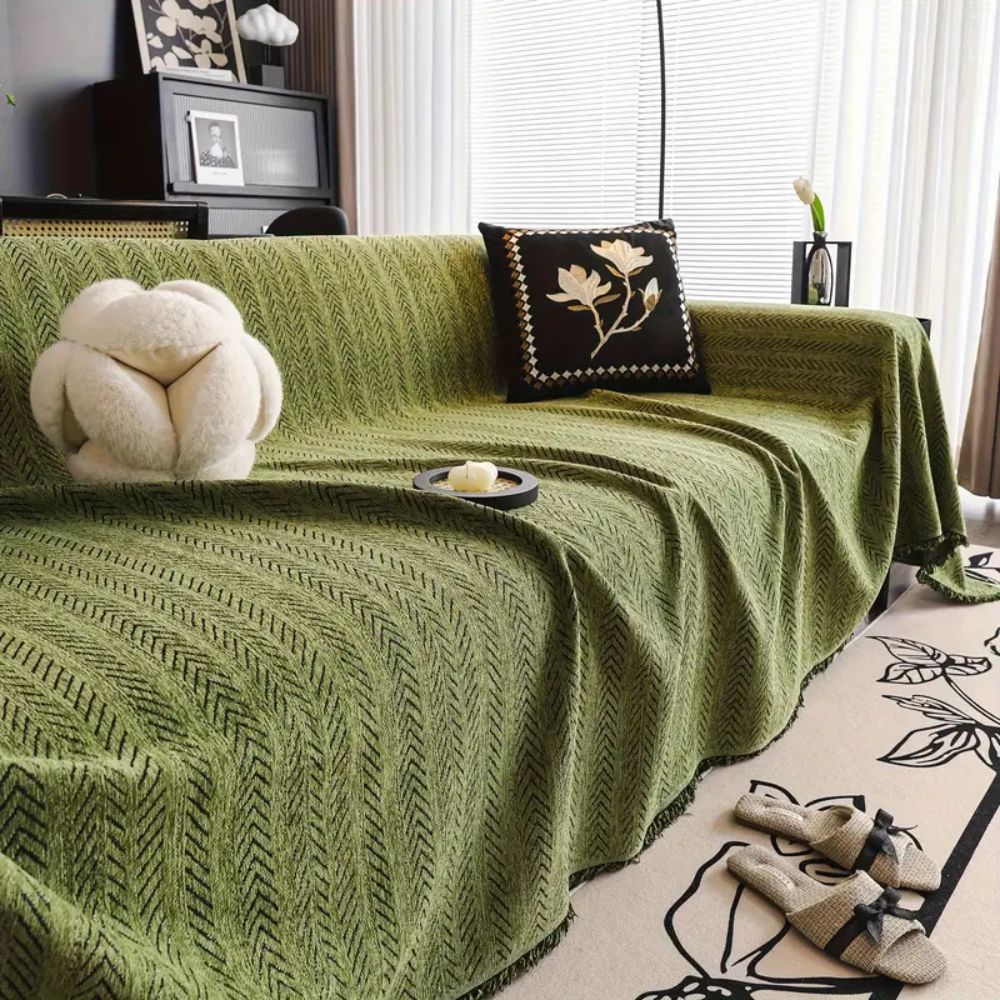 Chenille Herringbone Sofa Cover with Decorative Tassel Edges