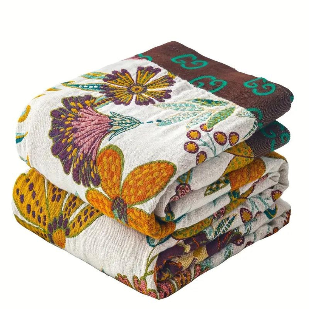 Reversible Cotton Floral Throw Blanket for Sofa or Bed