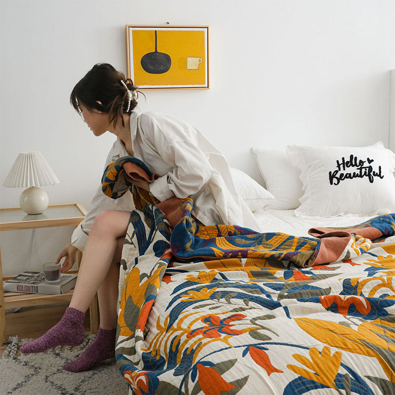 Goldenrod Floral Cotton Quilt for Bed and Sofa Styling