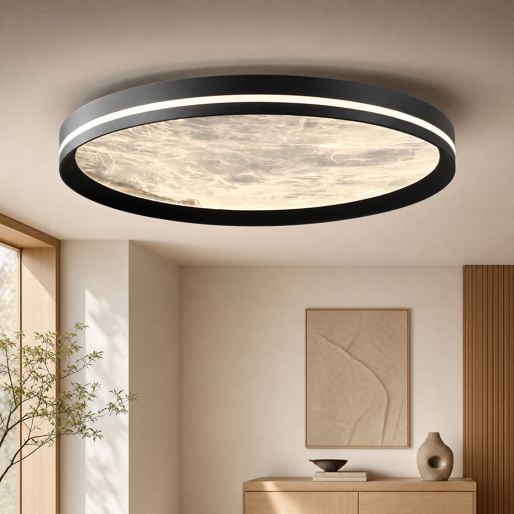 Moon ceiling light glowing warm white in a modern bedroom