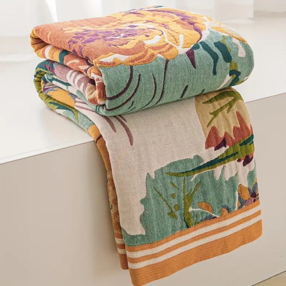 Reversible Cotton Jacquard Floral Throw Blanket for Bed or Sofa