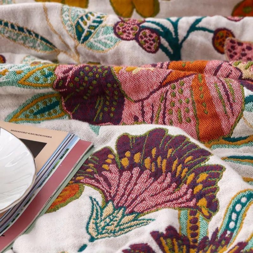 Reversible Cotton Floral Throw Blanket for Sofa or Bed