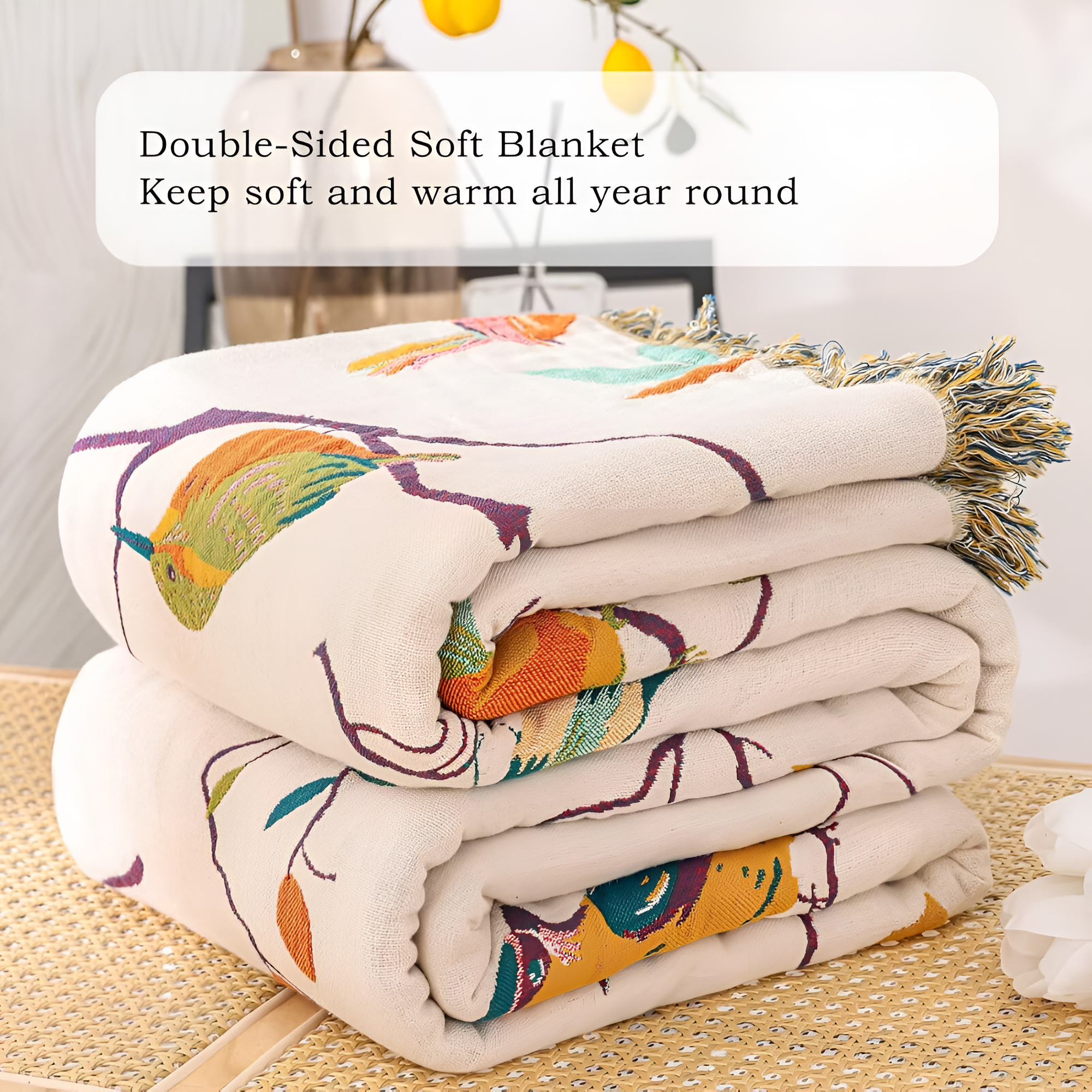 Cotton Bird Pattern Throw Blanket for Sofa Bed or Lounge