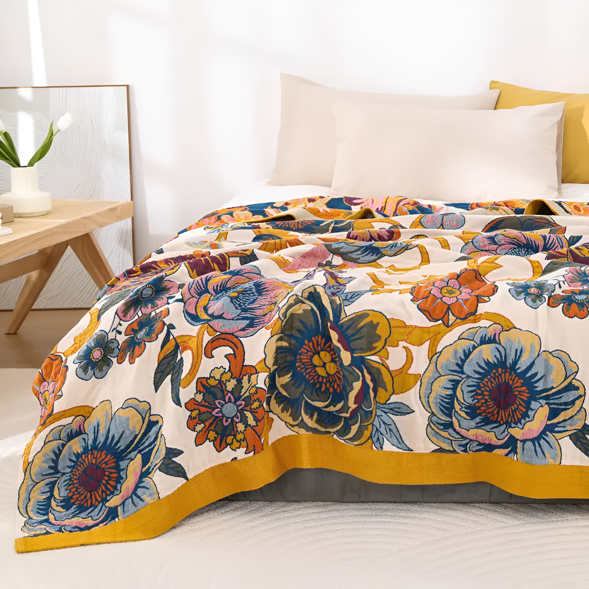 Reversible Cotton Floral Blanket for Layered Home Styling