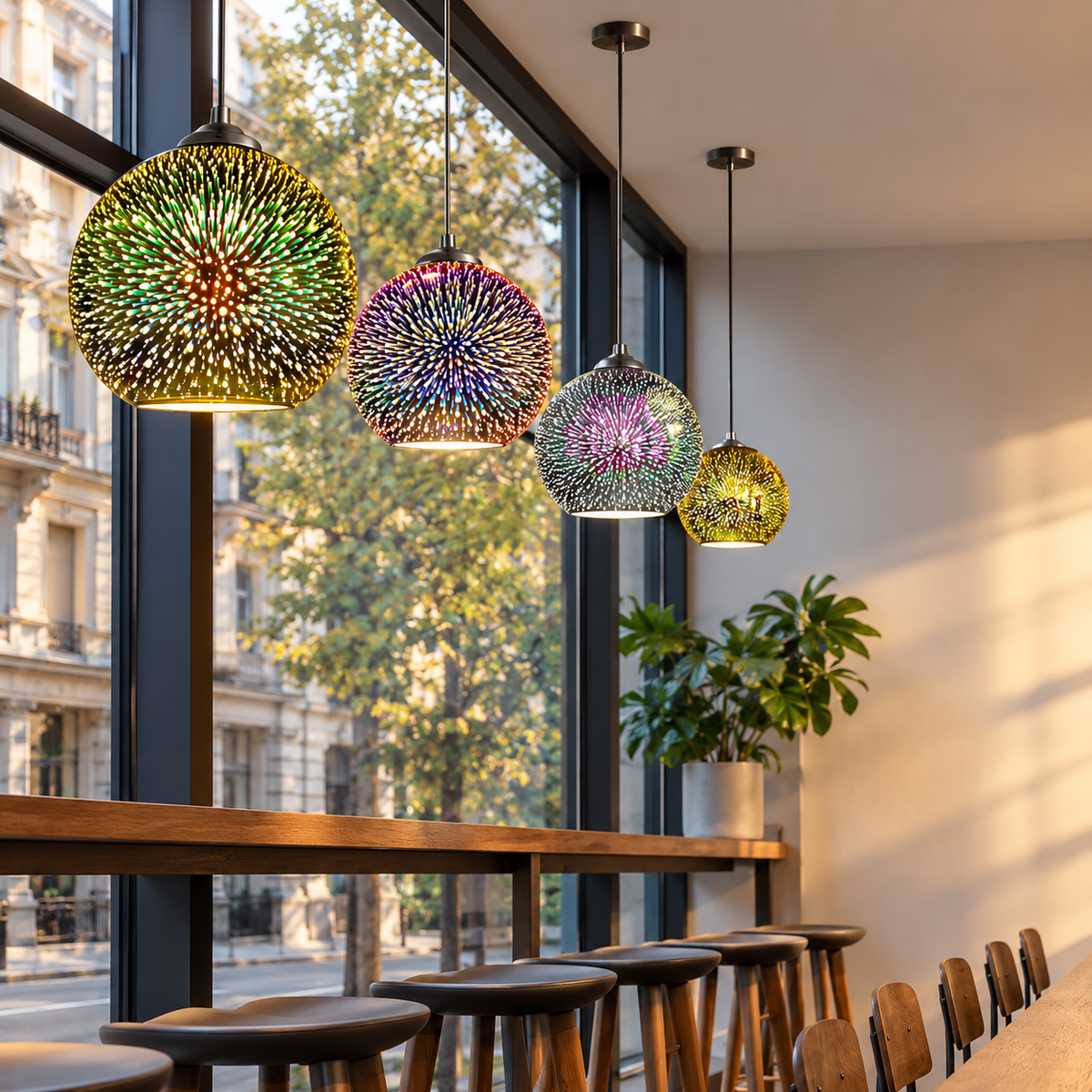 3D fireworks pendant lights in front of a cafe window