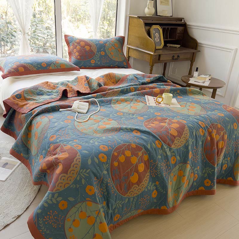 Reversible Persimmon Flower Cotton Quilt for Bed and Sofa Use