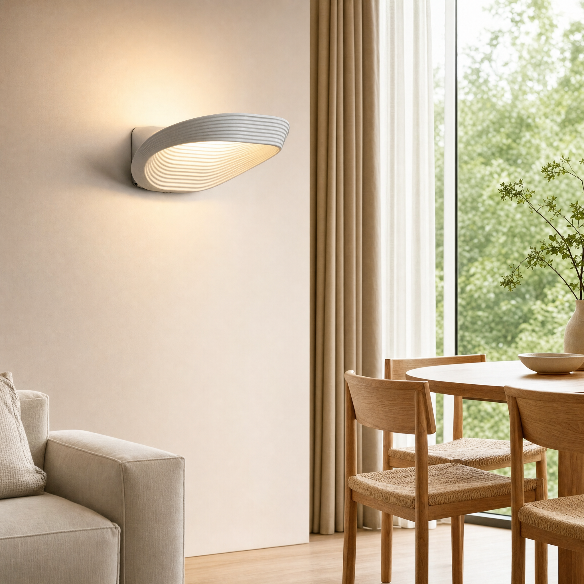Layered geometric wall light casting a soft ambient glow in a living room