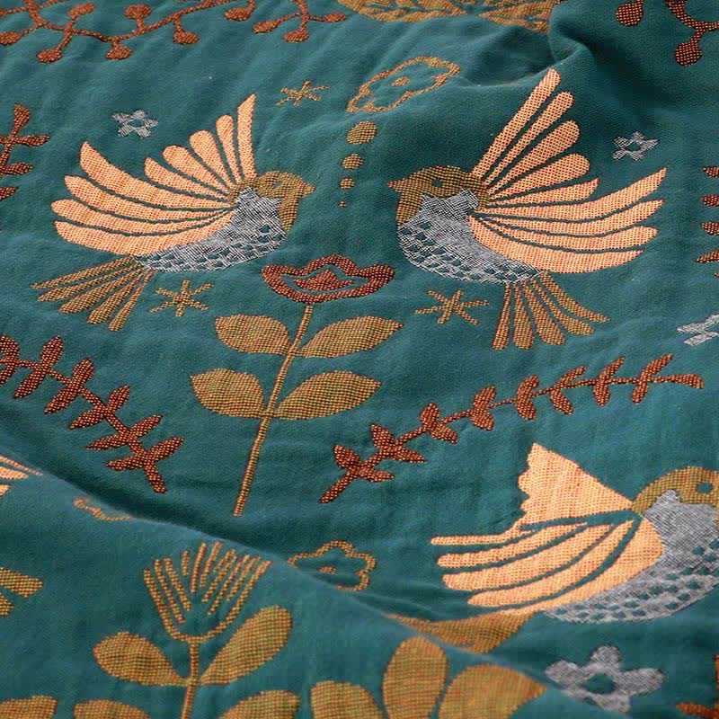 Boho Floral Bird Cotton Quilt for Bed and Sofa Styling