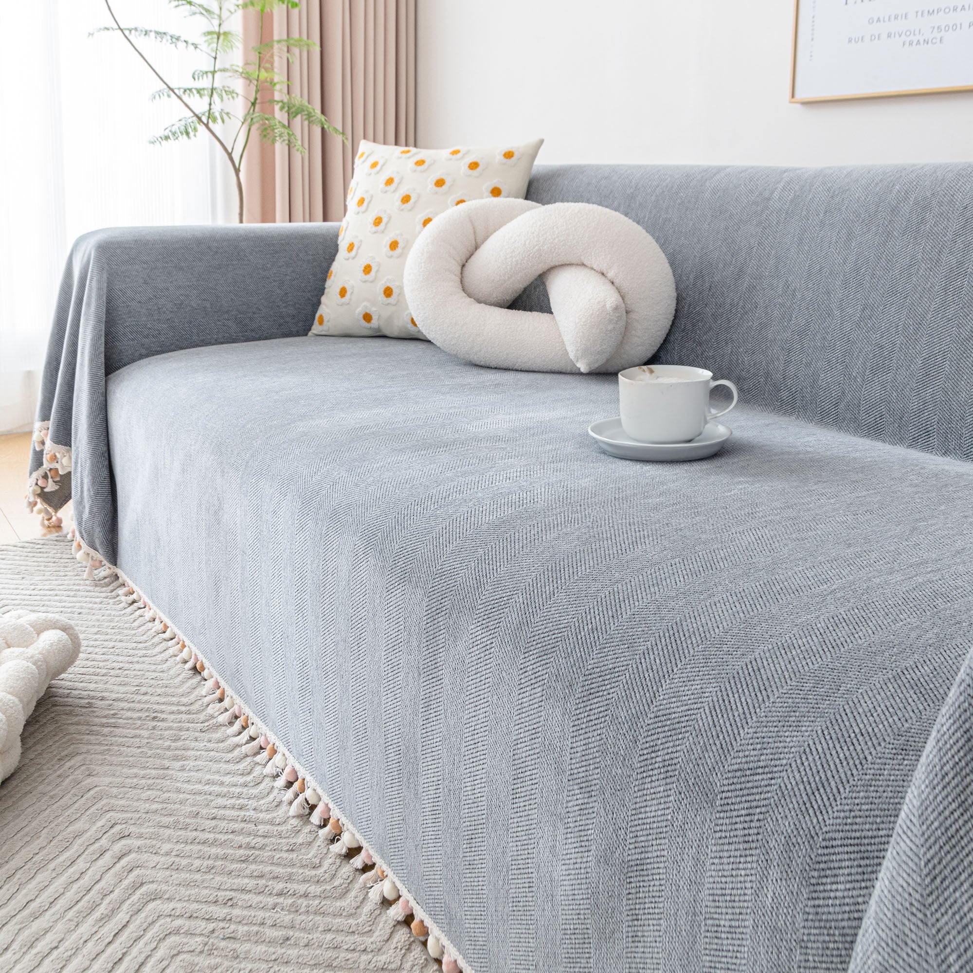 Herringbone Tassel Chenille Sofa Cover for Pet Friendly Homes