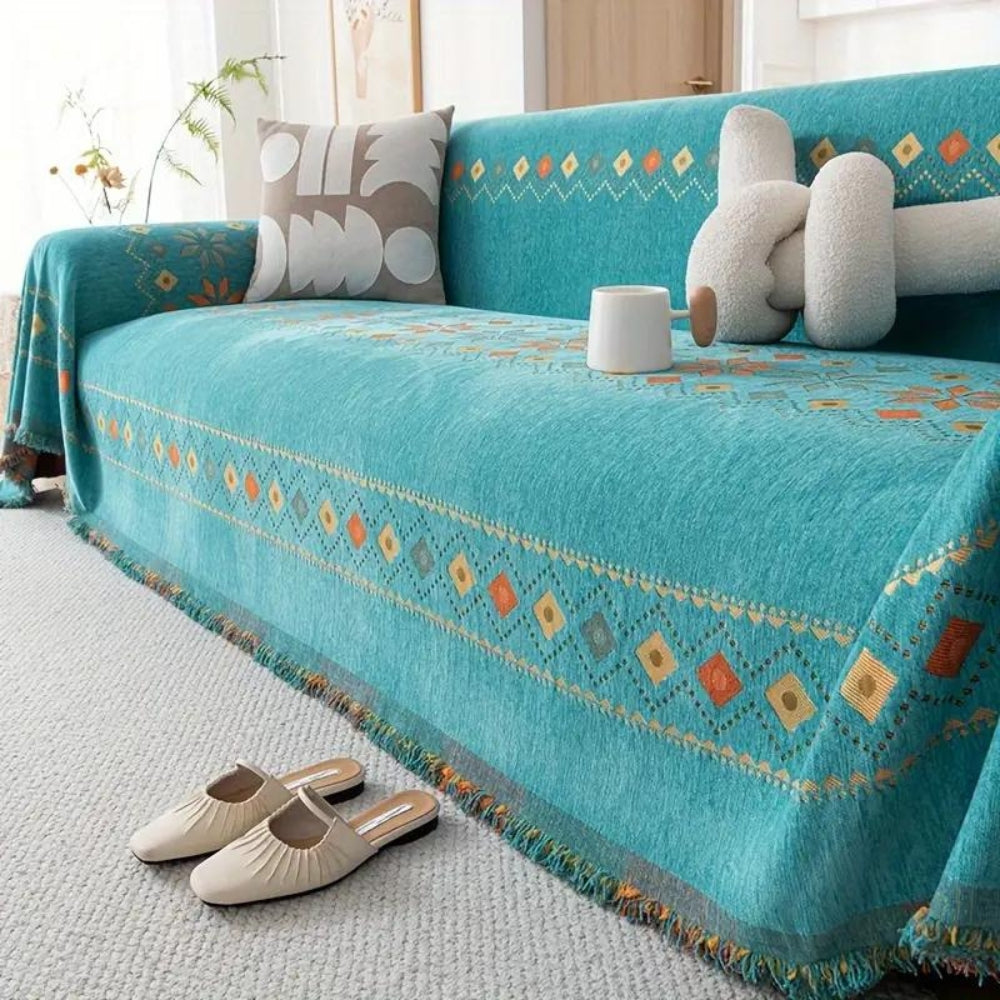 Boho Chenille Sofa Cover with Tassel Detail for Cozy Homes