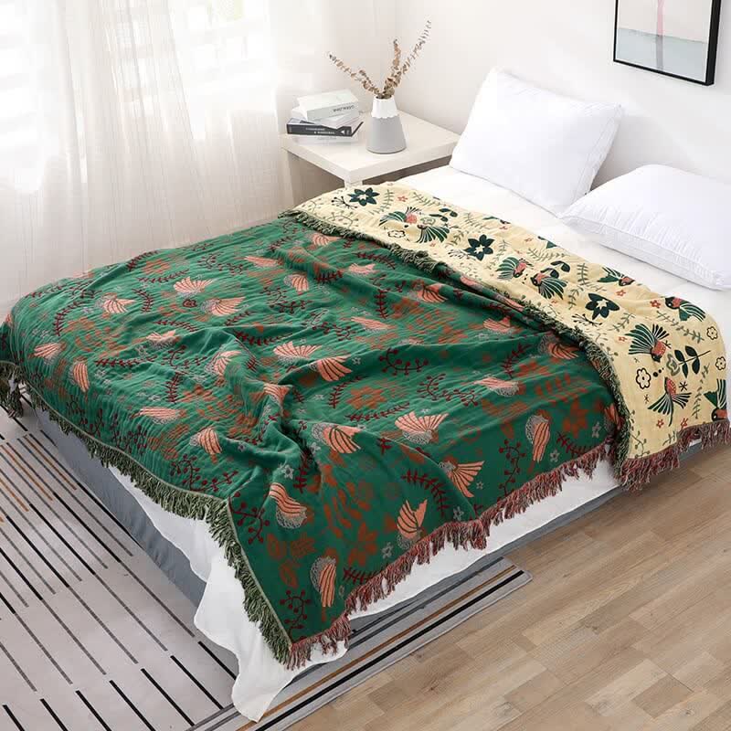 Boho Floral Bird Cotton Quilt for Bed and Sofa Styling