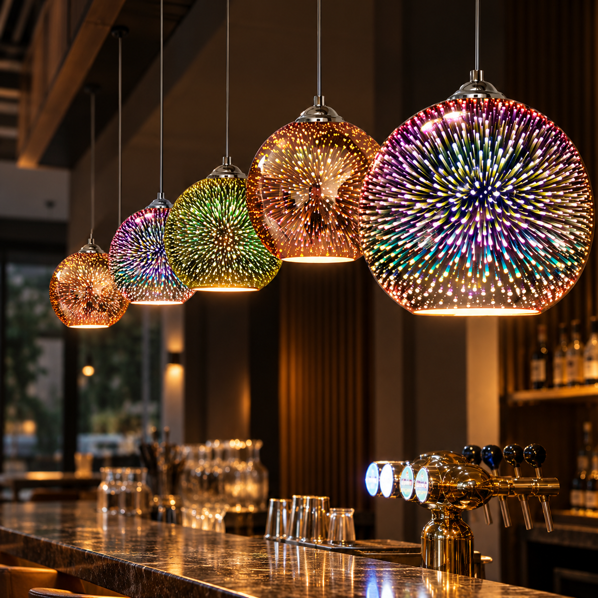 3D fireworks glass pendant lights above a bar