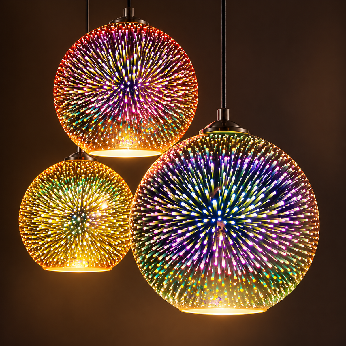 Three lit 3D fireworks glass pendant lights