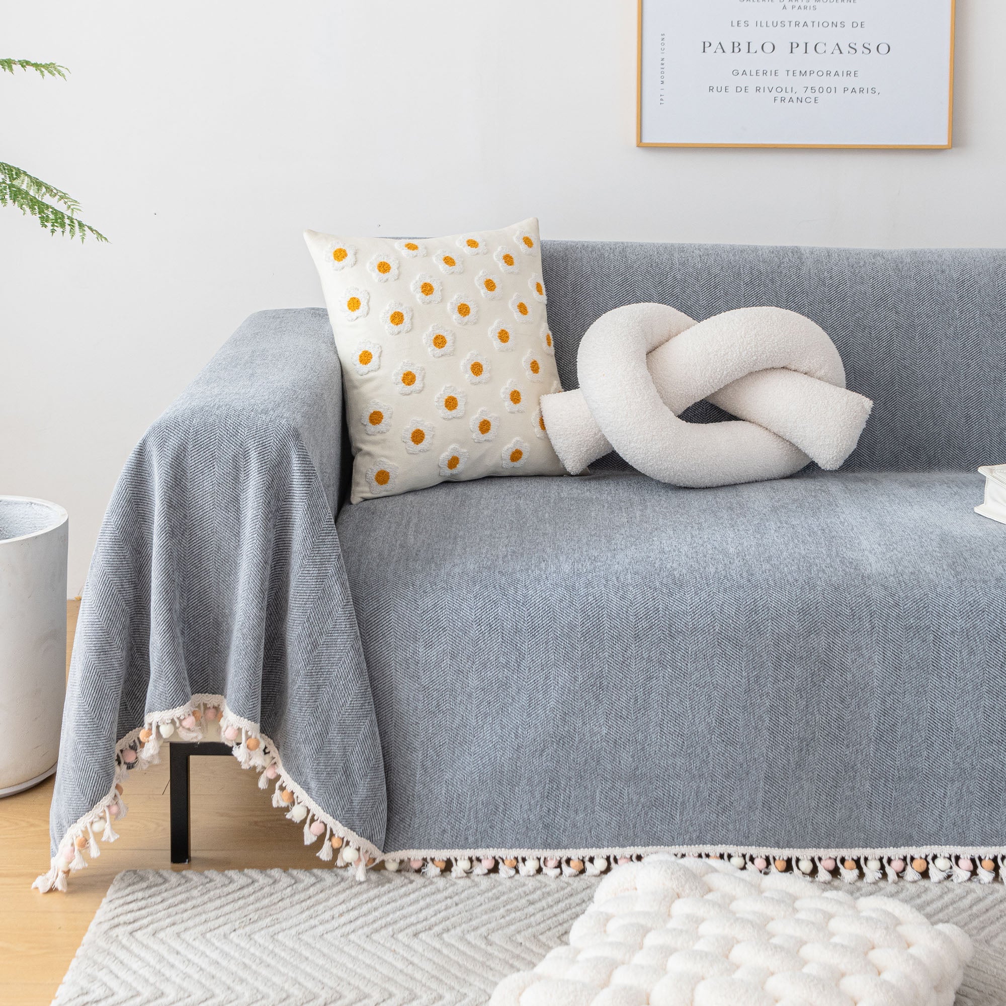 Herringbone Tassel Chenille Sofa Cover for Pet Friendly Homes