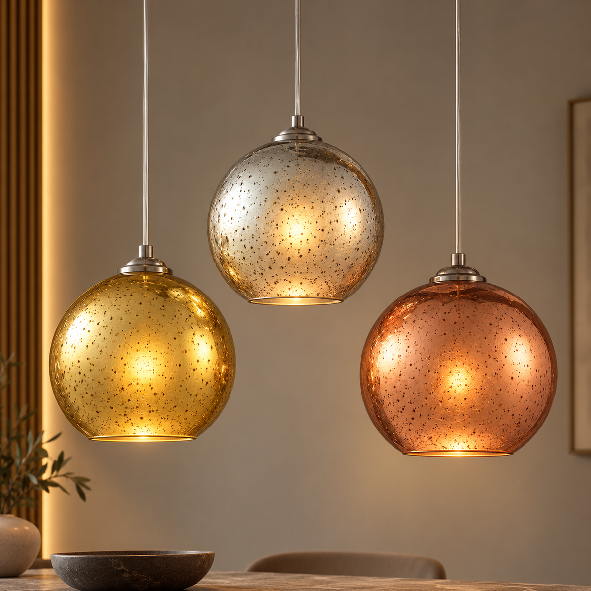 Gold, silver and copper glass pendant lights