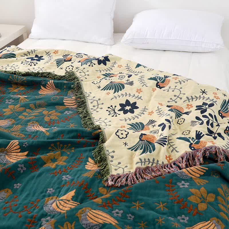 Boho Floral Bird Cotton Quilt for Bed and Sofa Styling