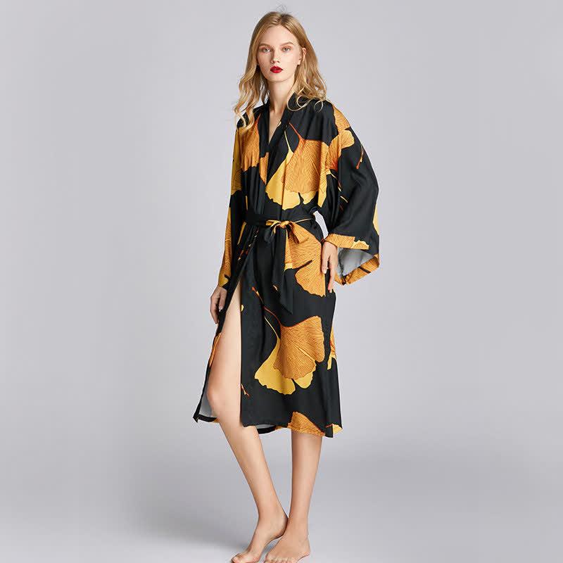 Lightweight V Neck Robe with Ginkgo Pattern for Lounge Wear