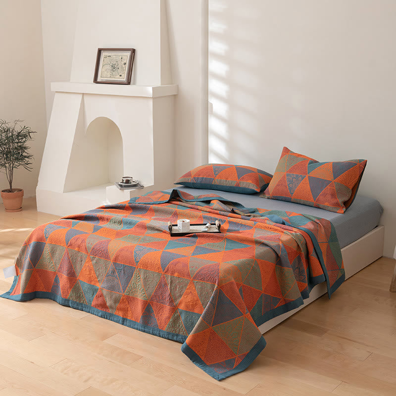 Reversible Triangle Pattern Cotton Quilt for Bed Layering