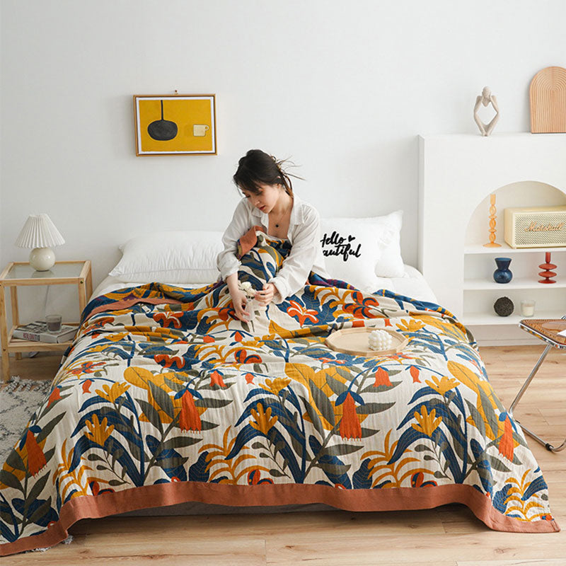 Goldenrod Floral Cotton Quilt for Bed and Sofa Styling