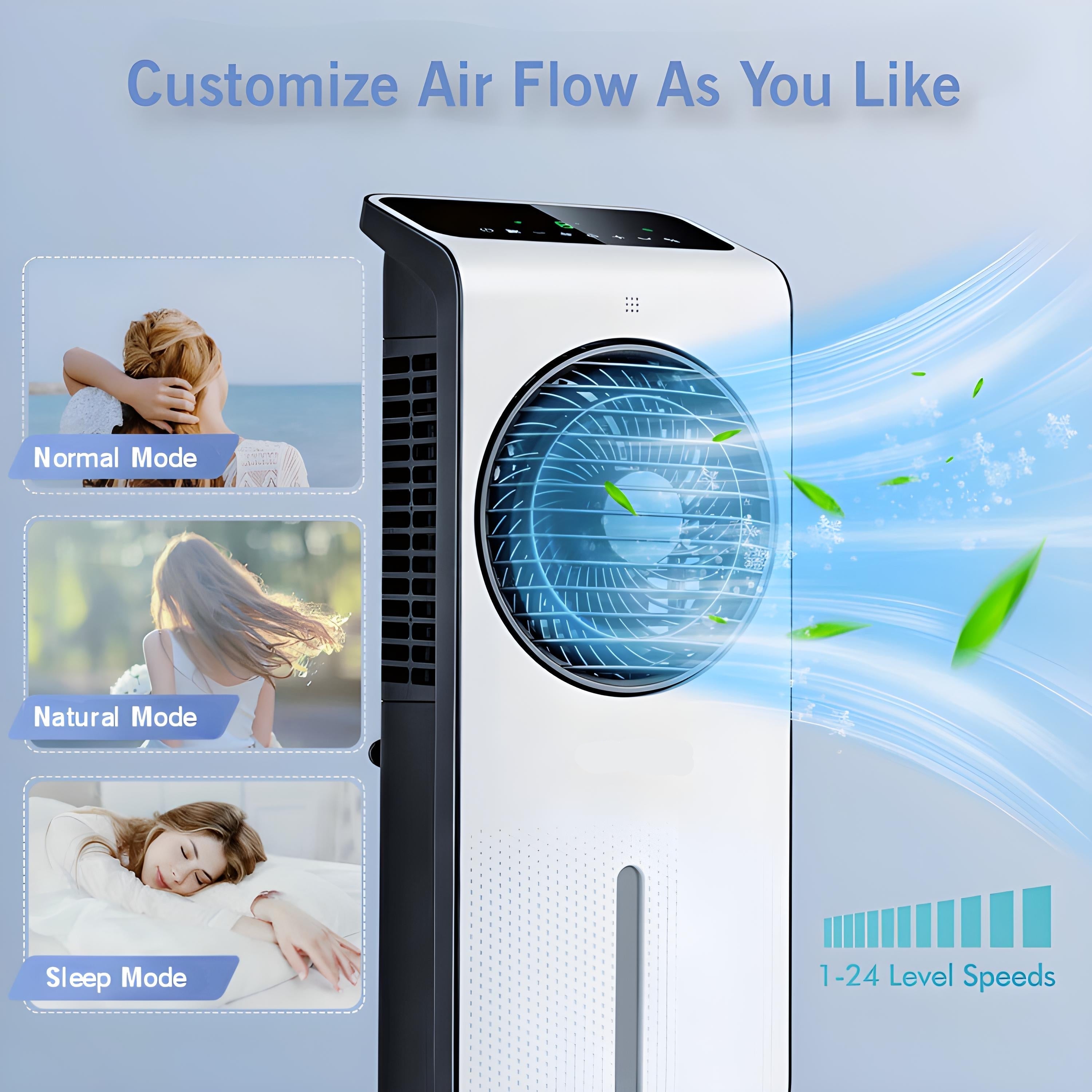 Evaporative air cooler with remote control and 12-hour timer