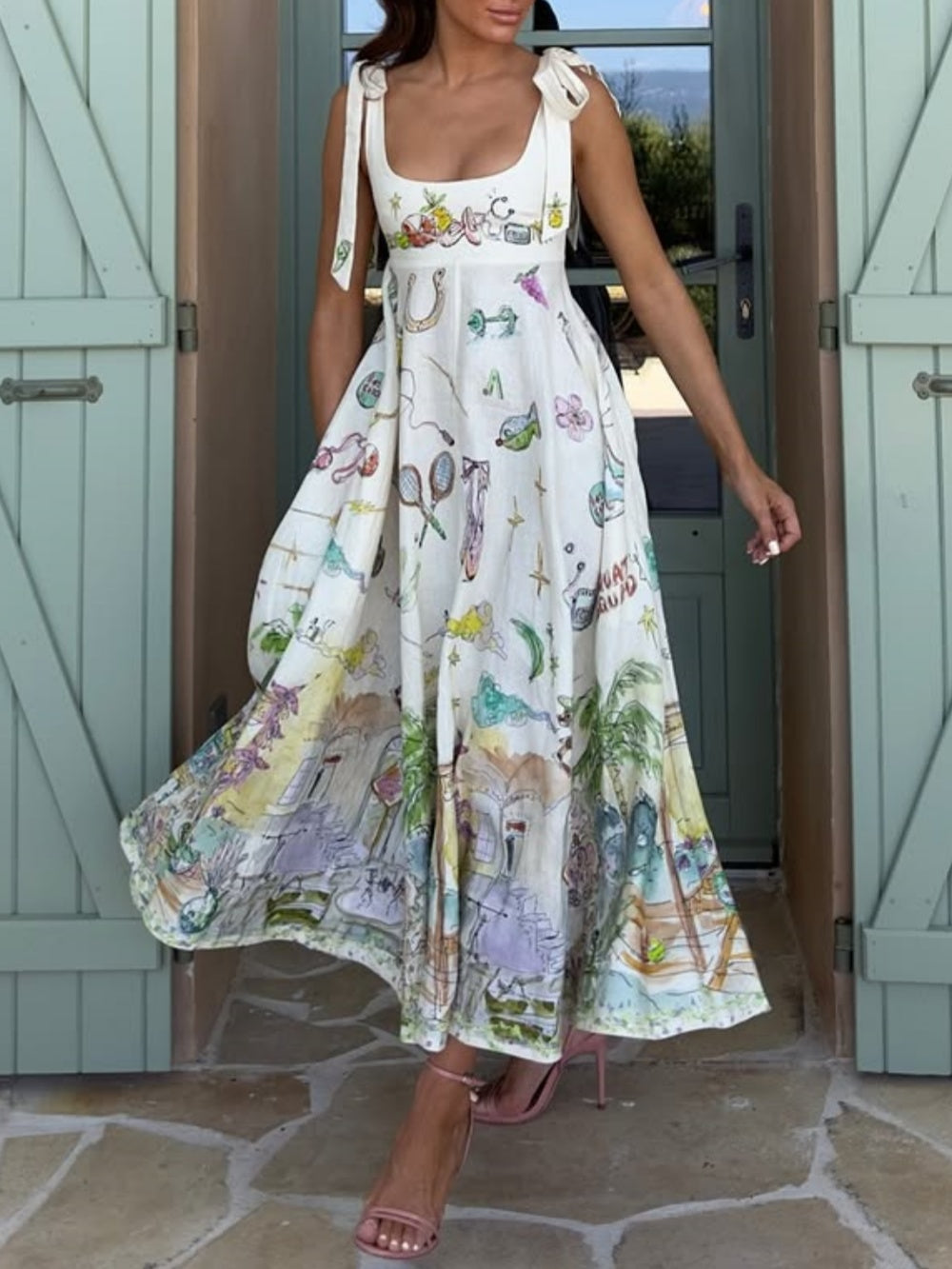 Artistry Collection | Floral Midi Dress with Elegant Tie Waist | Graceful Movement for Any Occasion