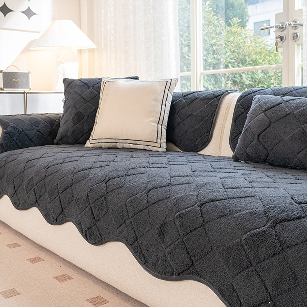 Cream Fleece Non Slip Couch Cover for Winter Comfort