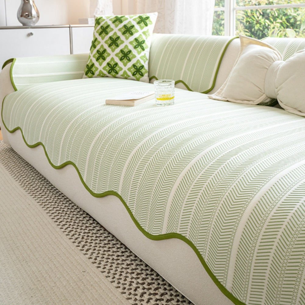Herringbone Scallop Edge Sofa Cover for Elegant Living