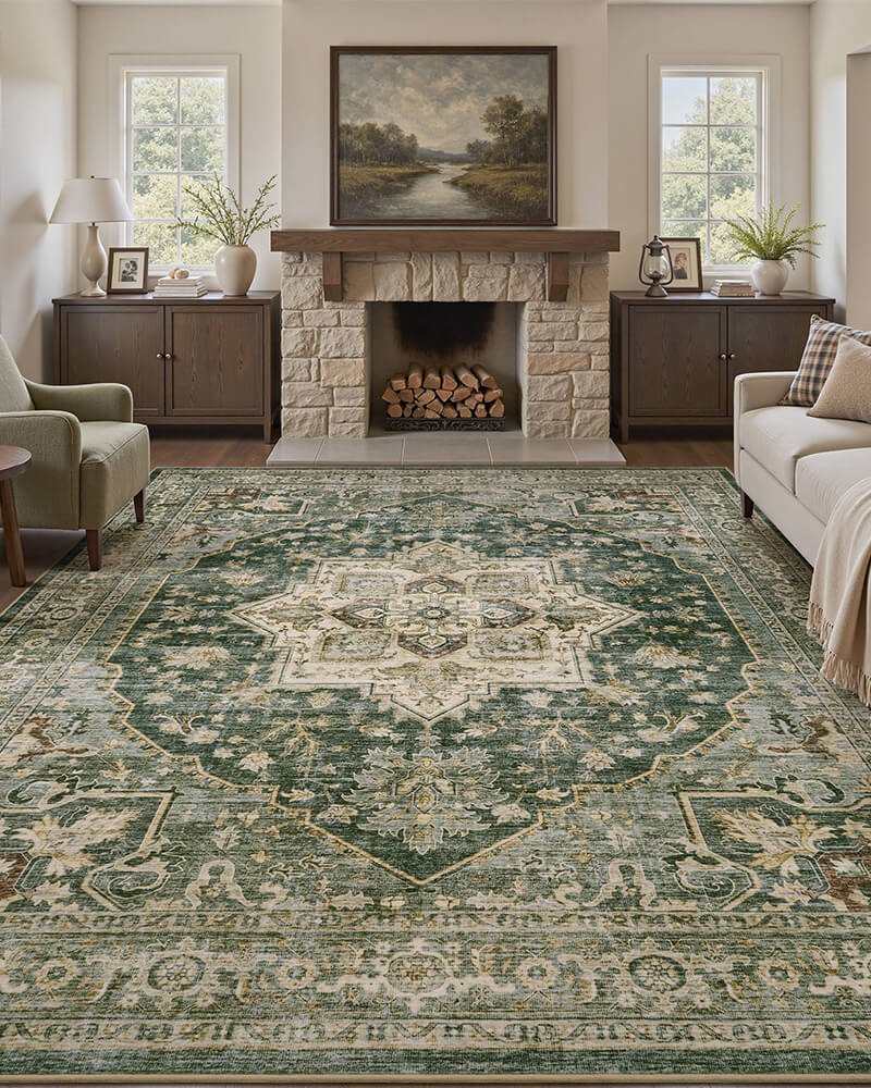 Callista Collection | Washable Area Rug with Non-Slip Backing | Elegant Olive Green Design for Living Room Comfort