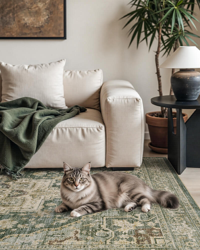 Callista Collection | Washable Area Rug with Non-Slip Backing | Elegant Olive Green Design for Living Room Comfort