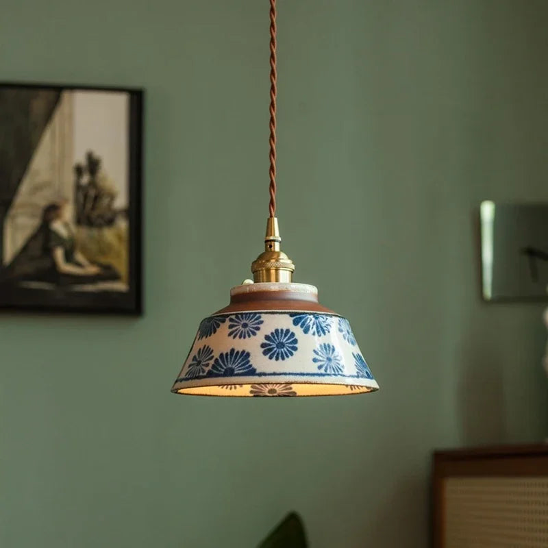 Ceramic Pendant Lighting with Hand-Painted Shade & Adjustable Height | Cozy Ambience for Kitchen Island
