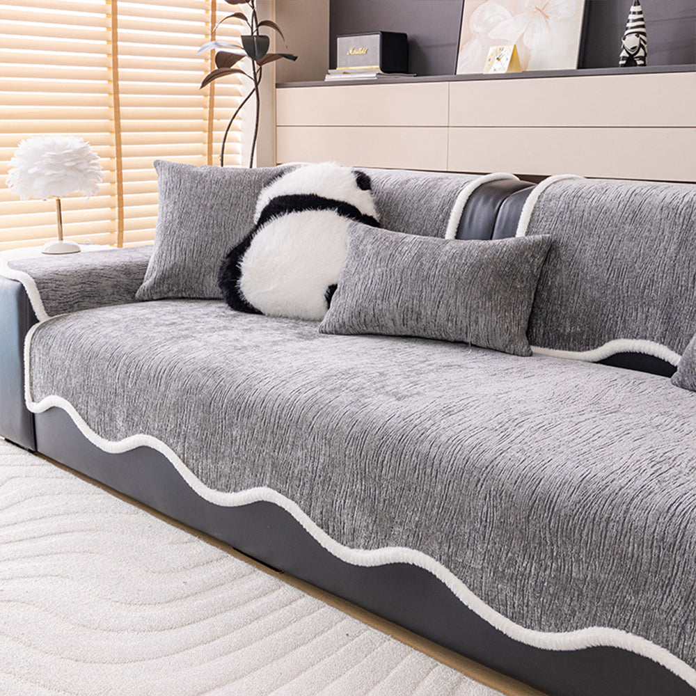 Chenille Couch Cover with White Trim and Non Slip Backing