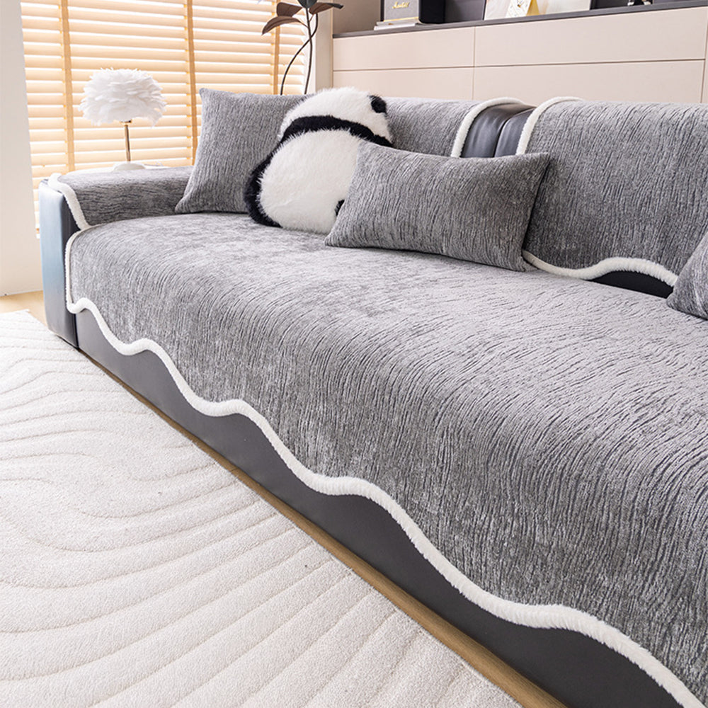 Chenille Couch Cover with White Trim and Non Slip Backing