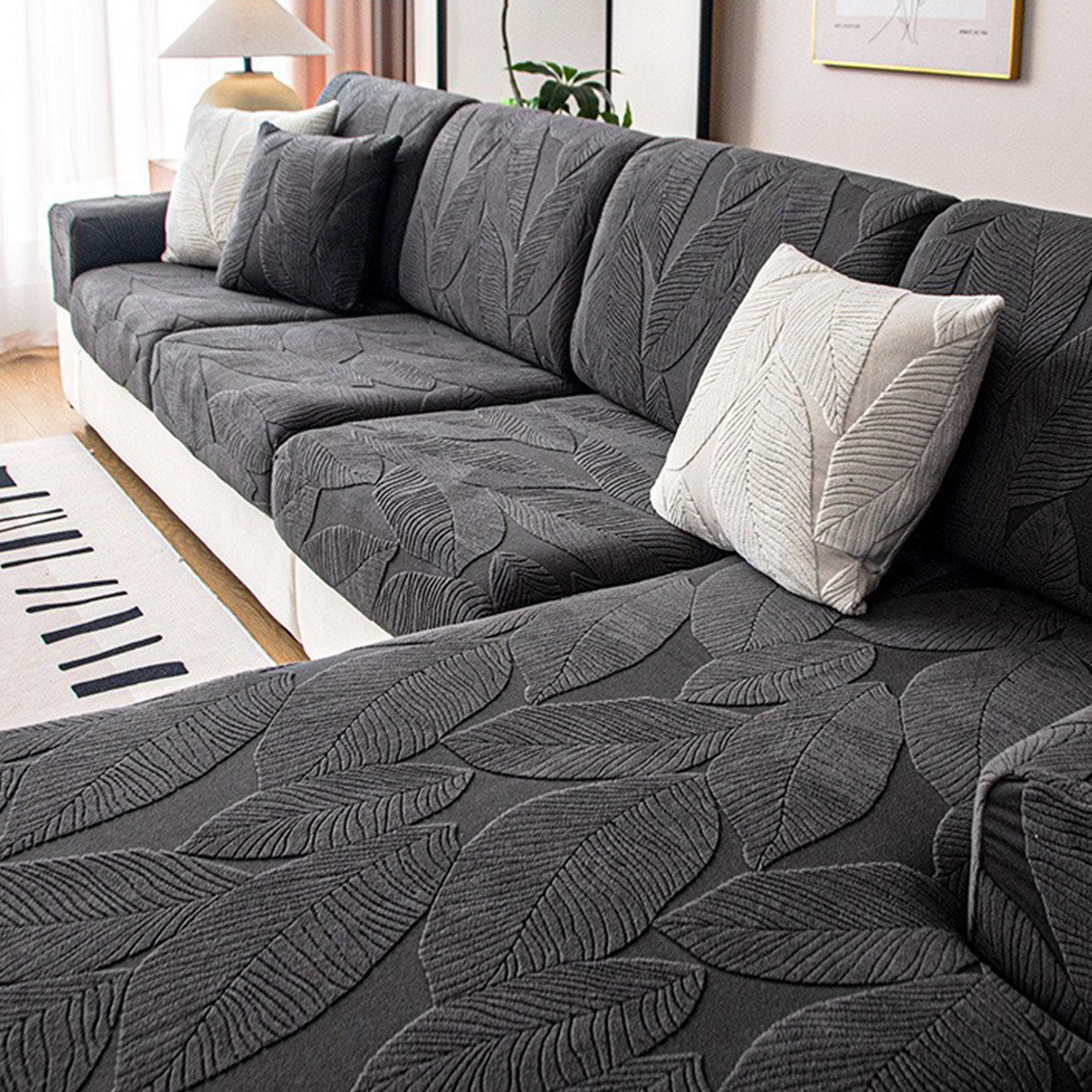 Velvet Leaf Stretch Sofa Cover with Waterproof Full Wrap Design