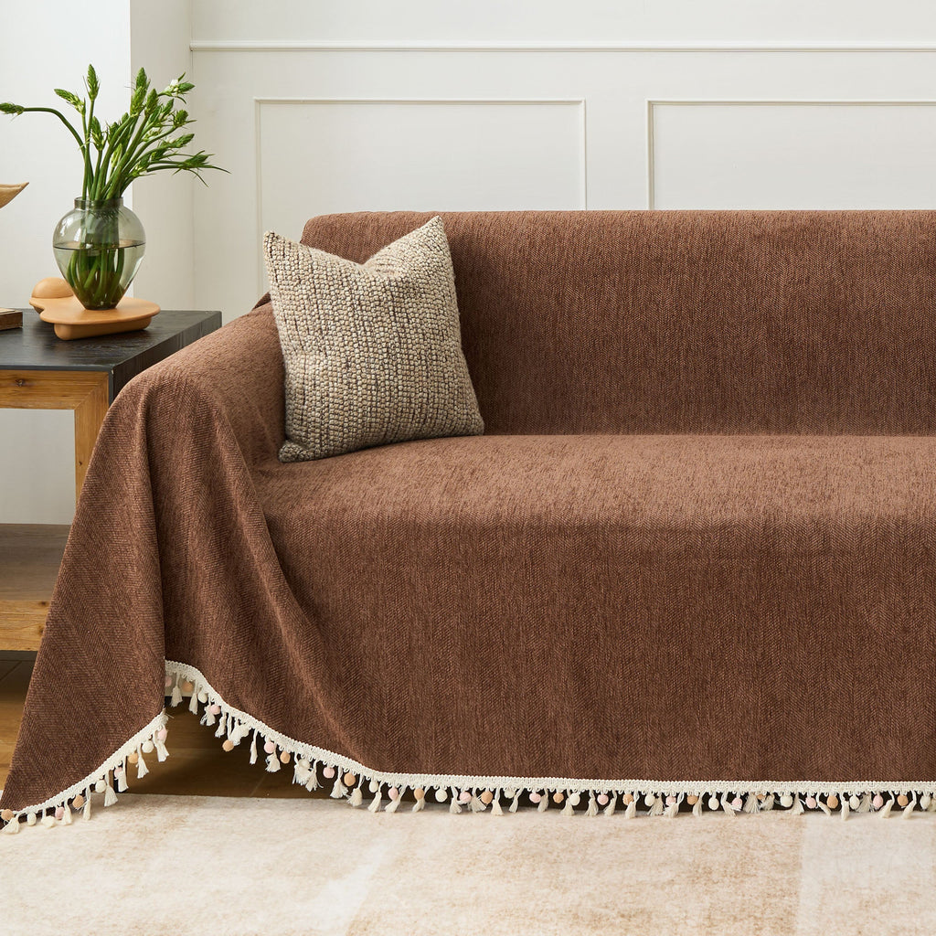 Herringbone Tassel Chenille Sofa Cover for Pet Friendly Homes