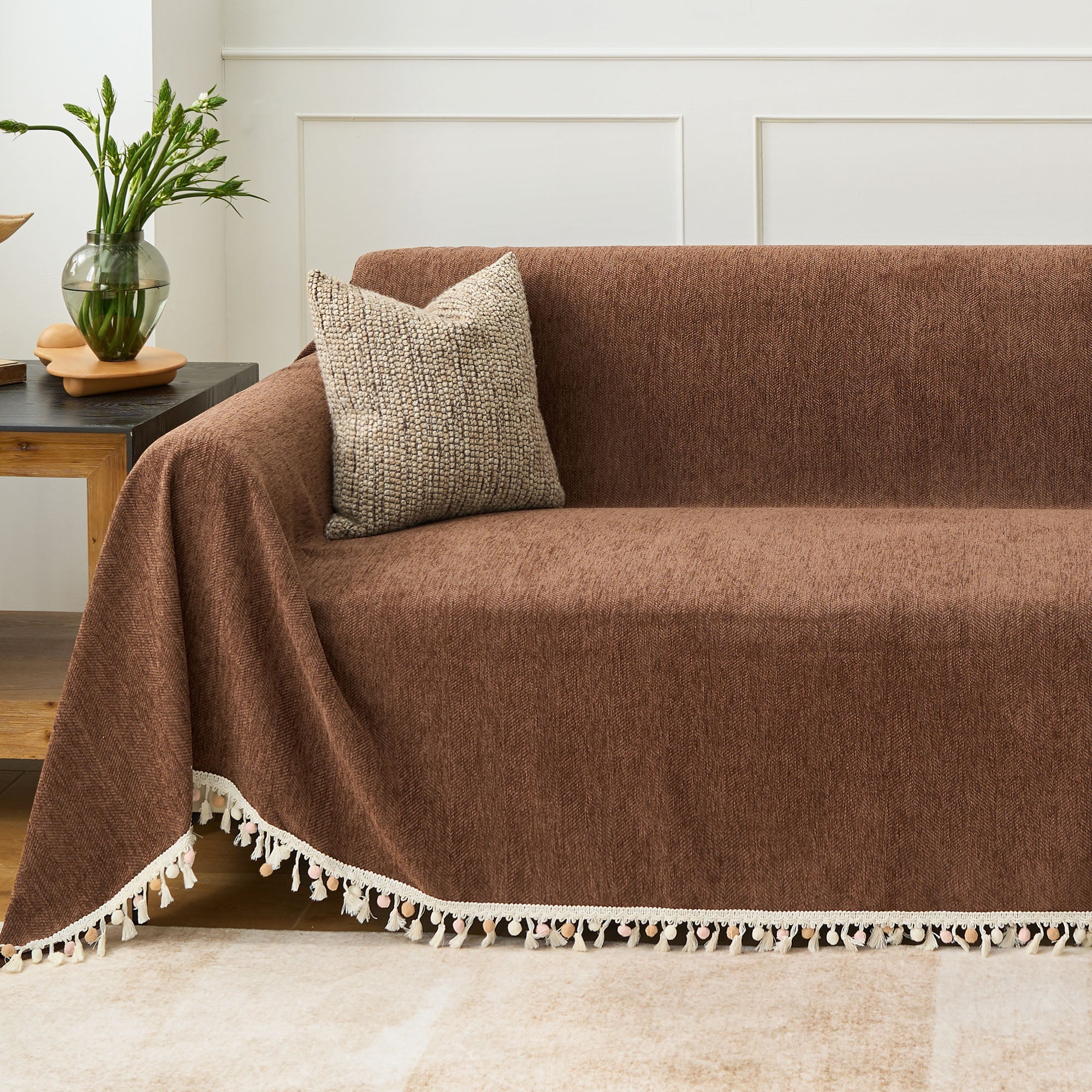 Herringbone Tassel Chenille Sofa Cover for Pet Friendly Homes