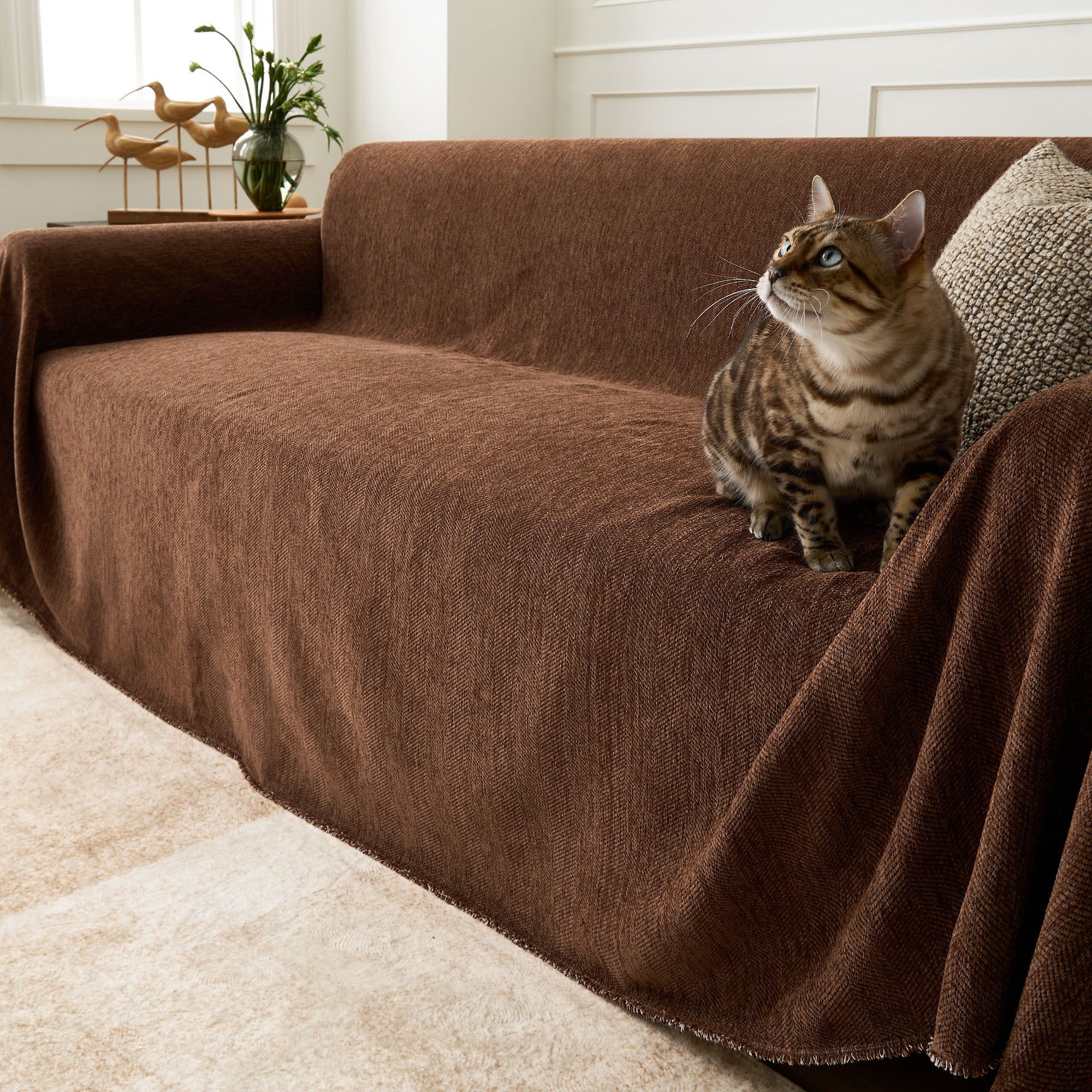 Pet Friendly Herringbone Sofa Cover with Soft Chenille Texture
