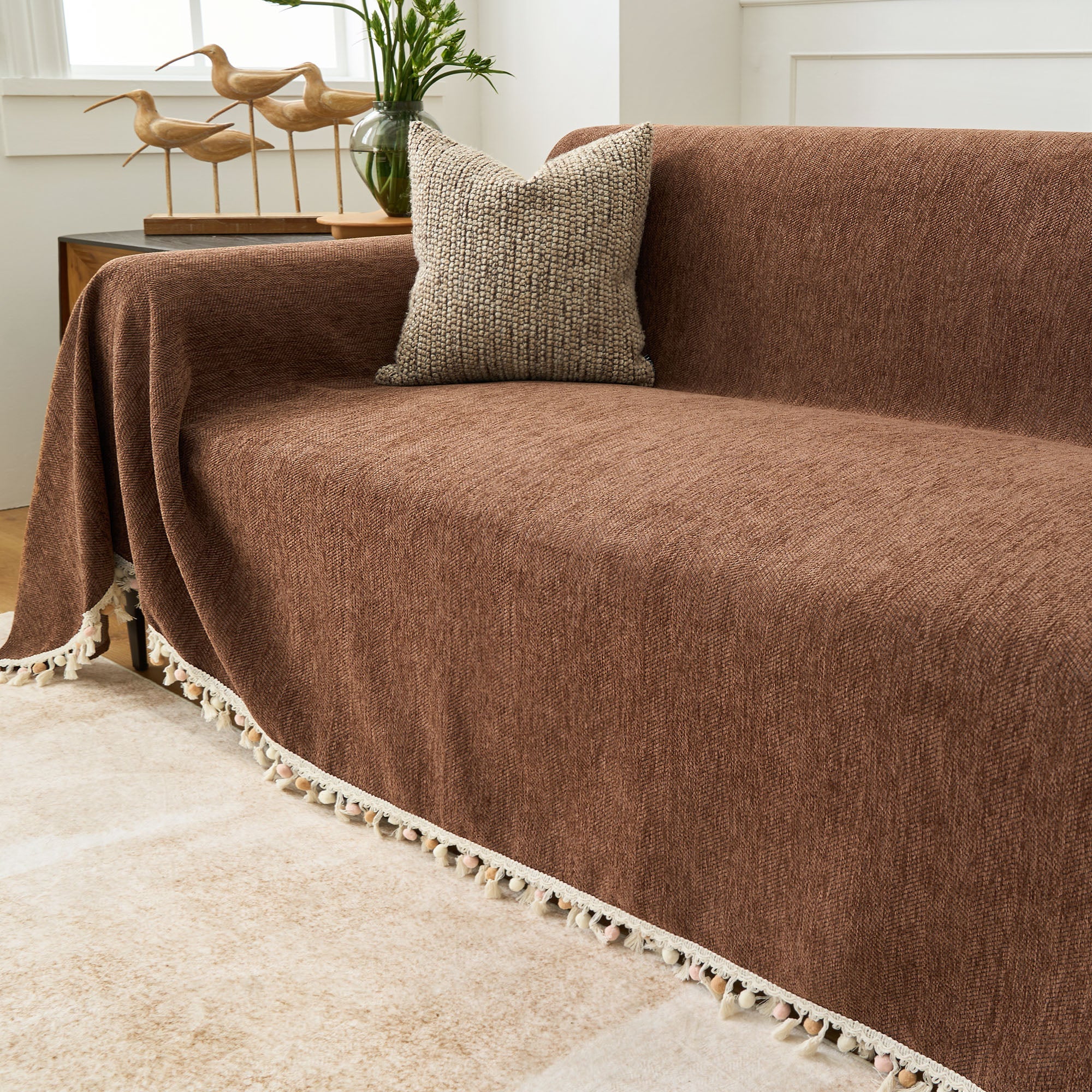 Herringbone Tassel Chenille Sofa Cover for Pet Friendly Homes