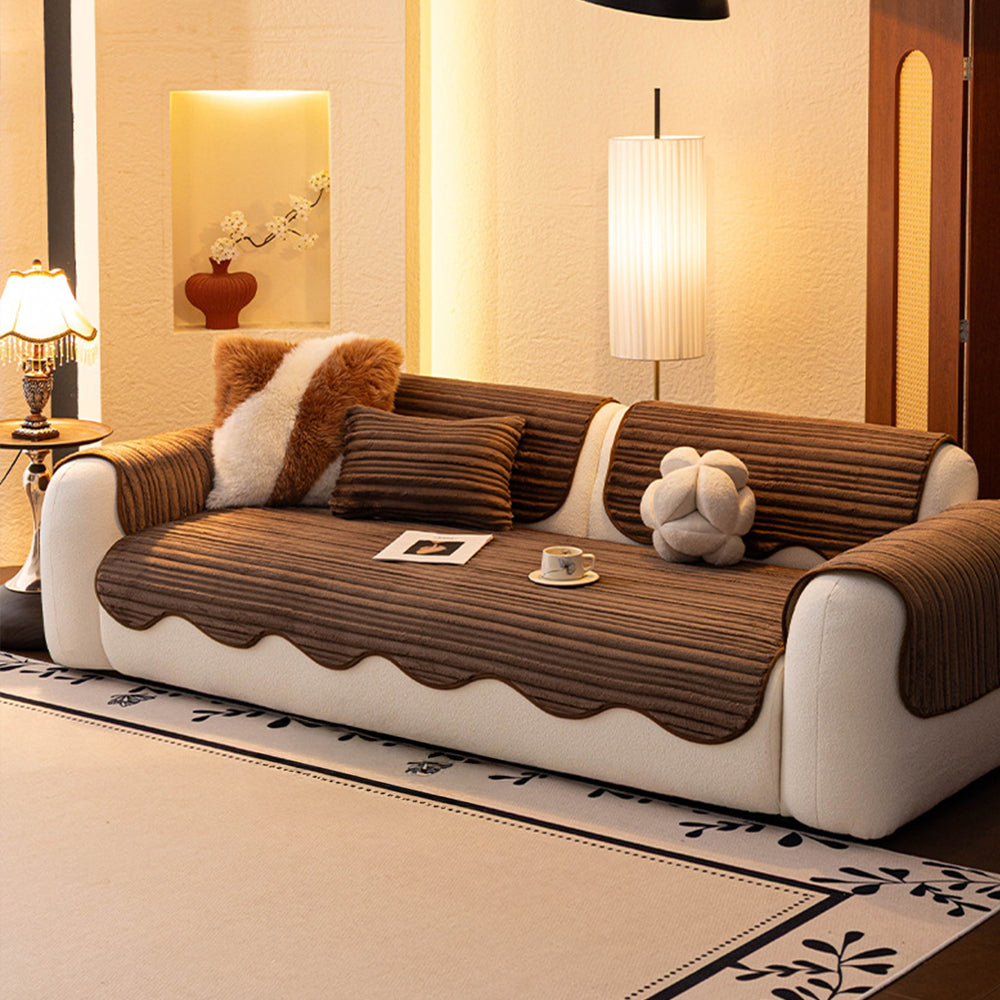 Creamy Ribbed Plush Non Slip Couch Cover for Winter Comfort