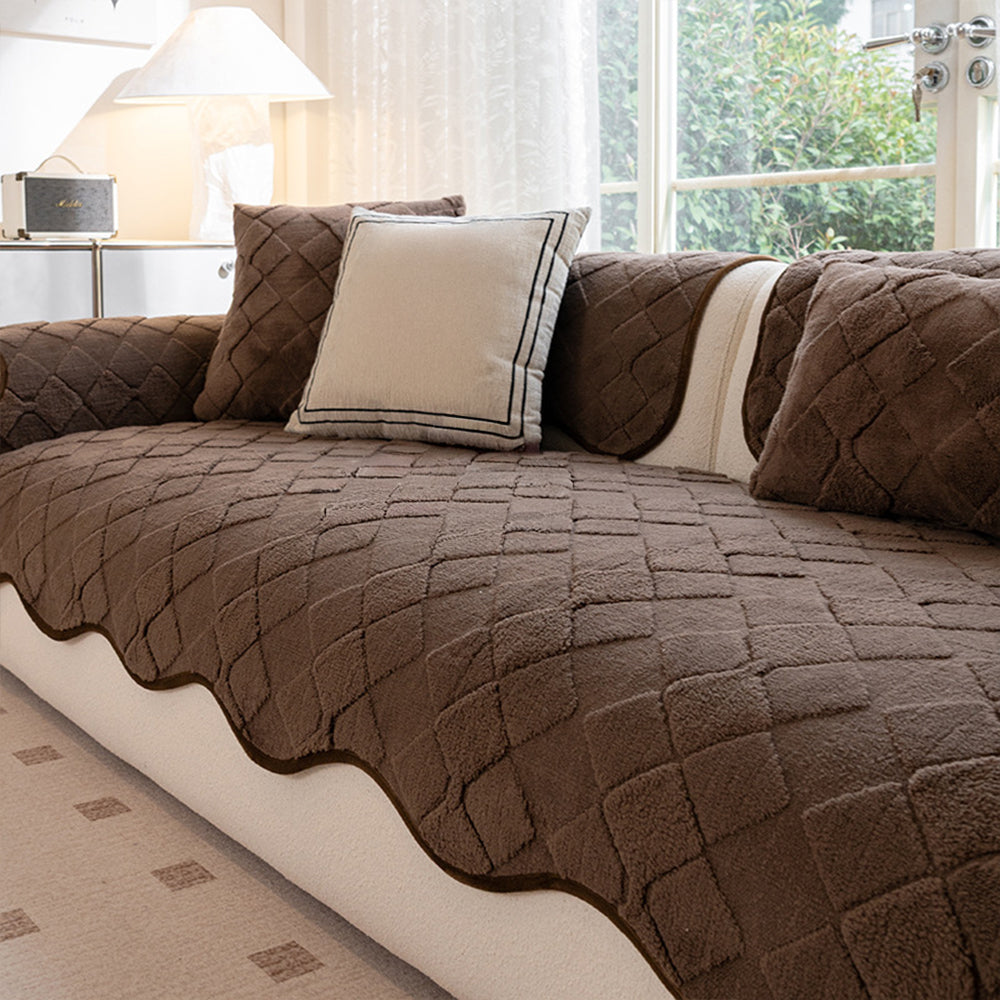Cream Fleece Non Slip Couch Cover for Winter Comfort