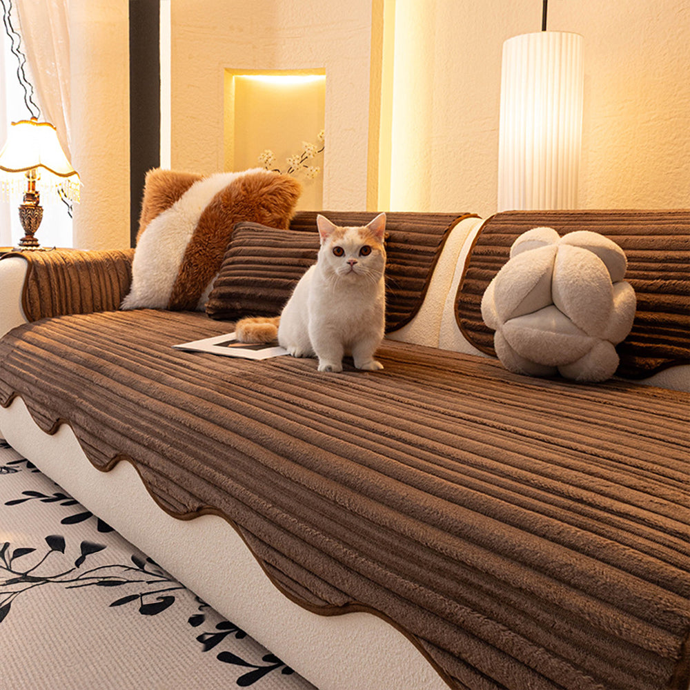 Creamy Ribbed Plush Non Slip Couch Cover for Winter Comfort