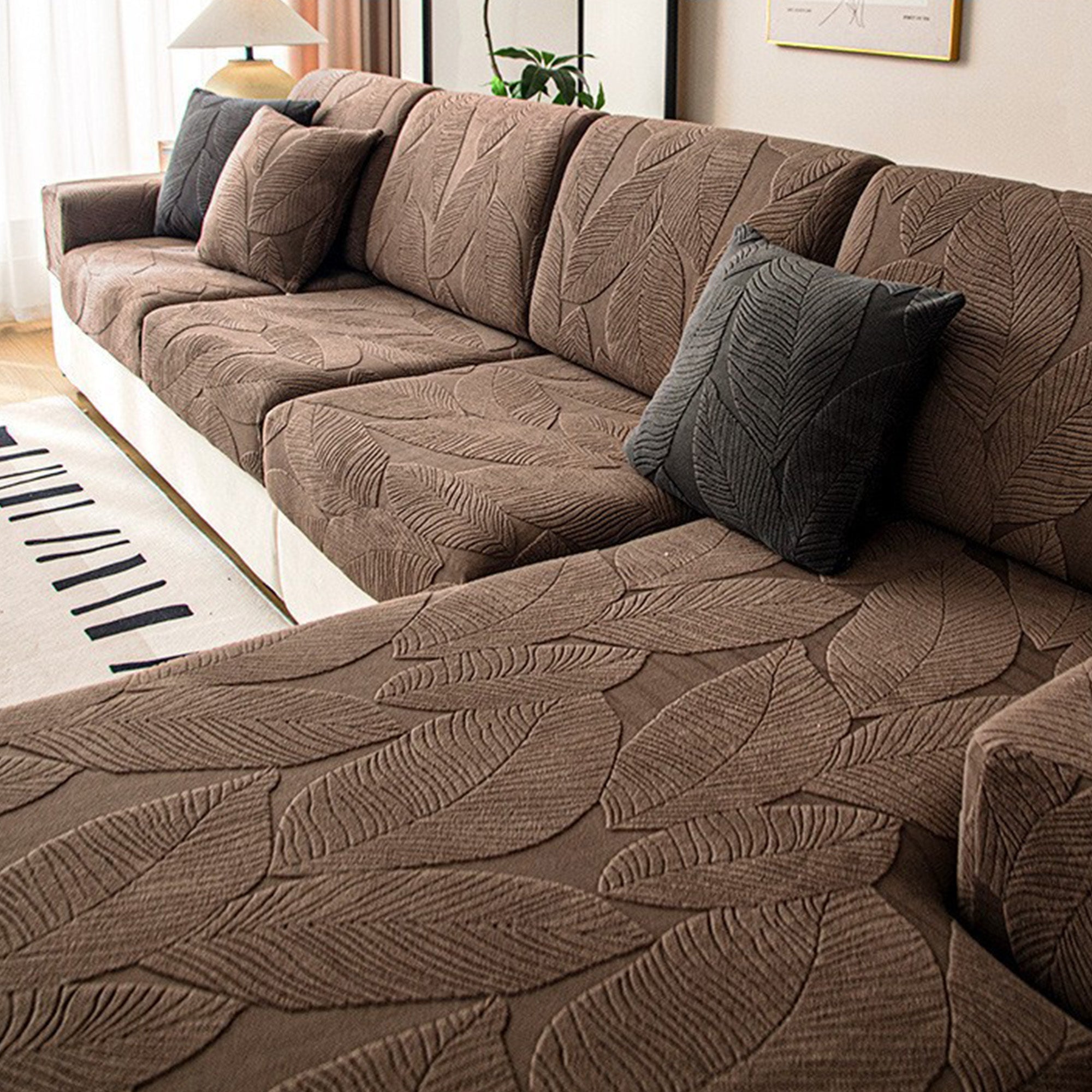Velvet Leaf Stretch Sofa Cover with Waterproof Full Wrap Design