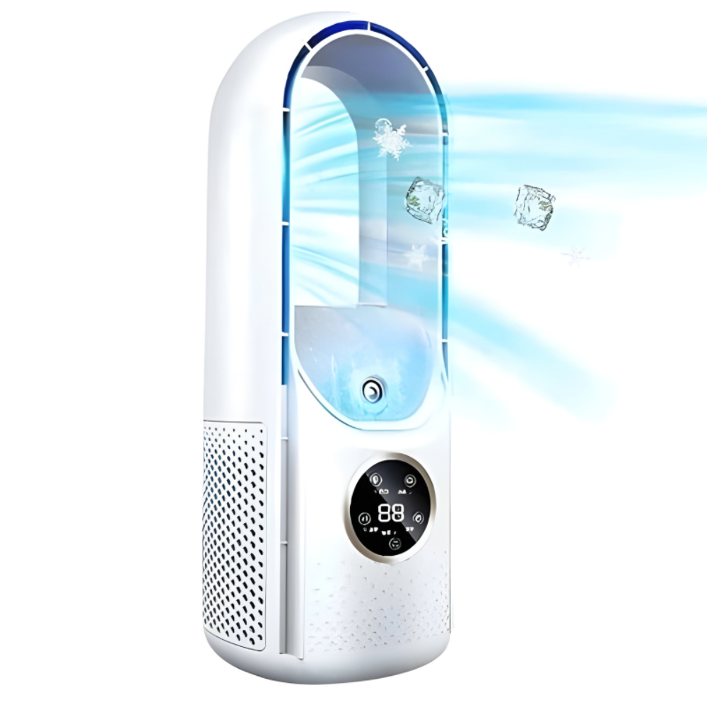 Compact bladeless portable air conditioner in a bedroom