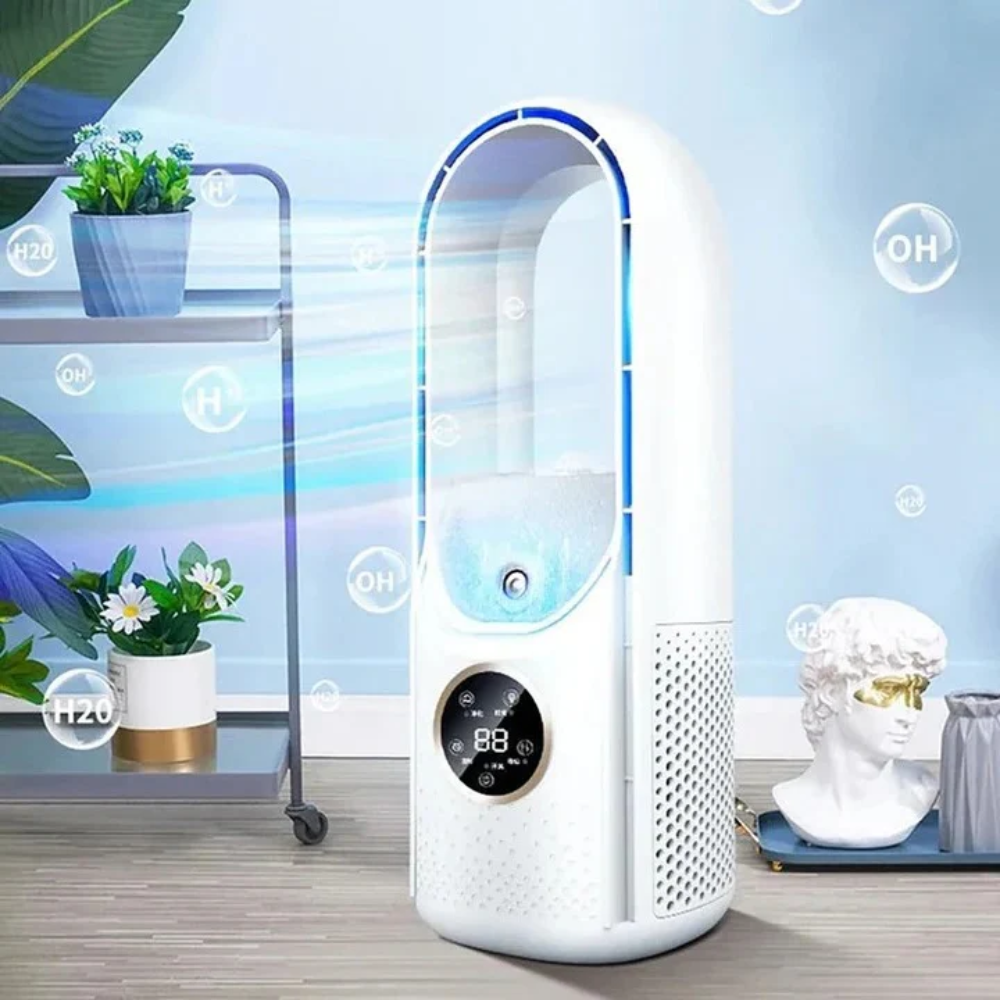 Compact bladeless portable air conditioner in a bedroom