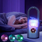 Compact bladeless portable air conditioner in a bedroom