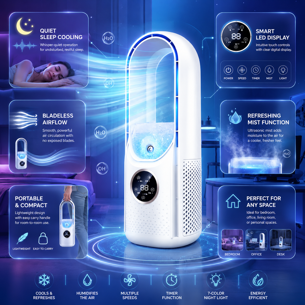 Compact bladeless portable air conditioner in a bedroom