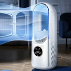 Compact bladeless portable air conditioner in a bedroom