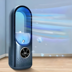 Compact bladeless portable air conditioner in a bedroom