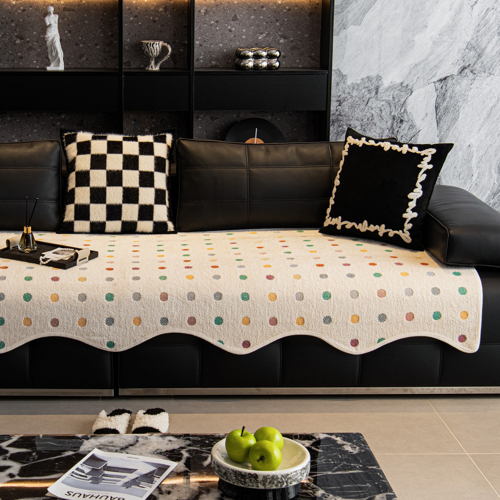 Plush Cream Polka Dot Non Slip Couch Cover for Daily Living