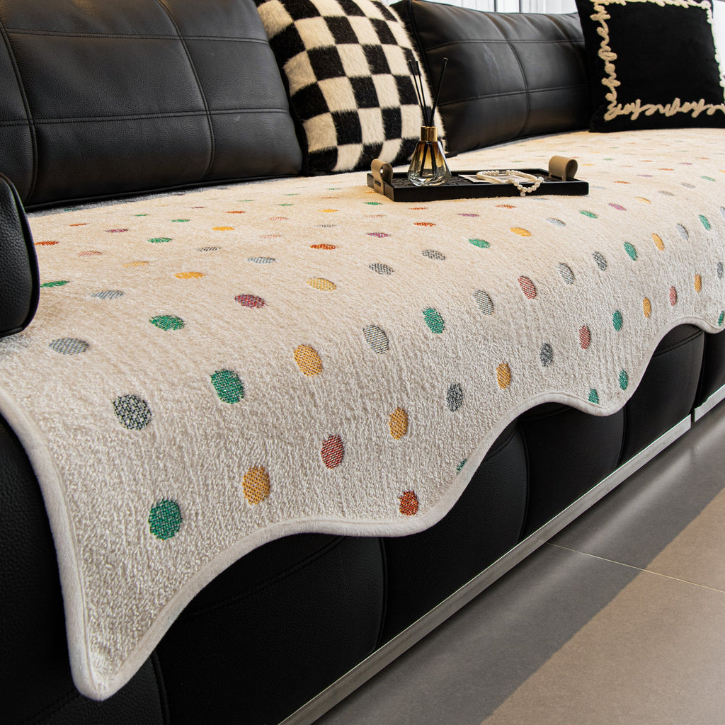 Plush Cream Polka Dot Non Slip Couch Cover for Daily Living